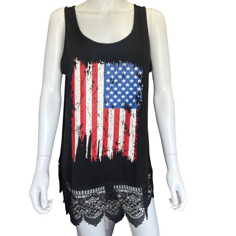 Roe Black Tank Top With Distressed American Flag Print & Lace Hem Womens Size XL